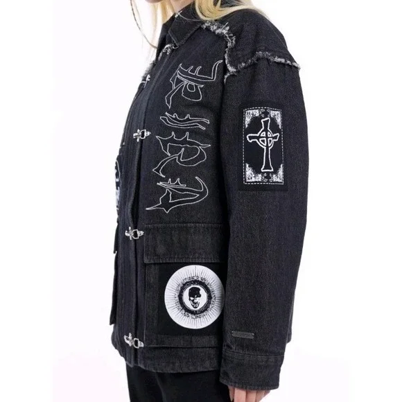 NEW Death Note Patches Cargo Womens LG Denim Black Jacket Dark Academia Gothic